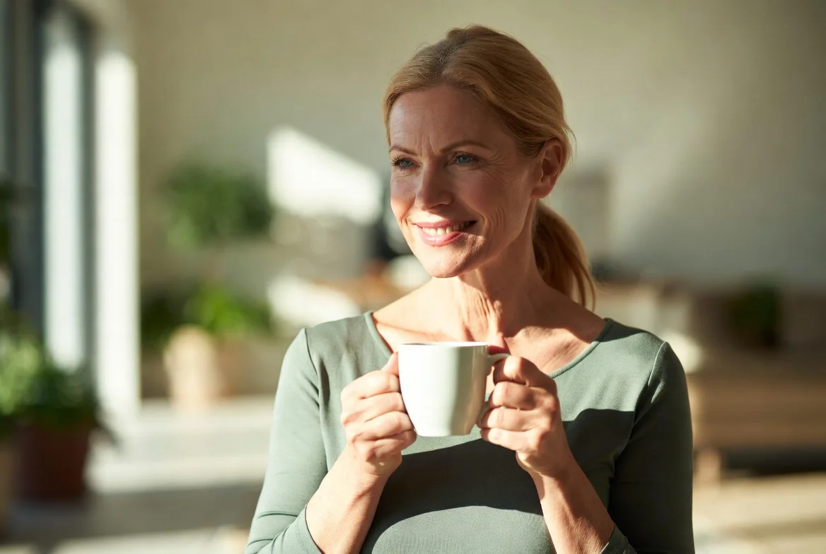 Smiling confident woman enjoying a peaceful wellness moment with coffee